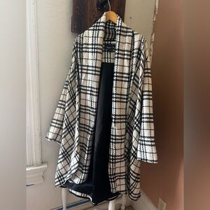 Black & White Wool-Blend Plaid Open Front Coatigan
